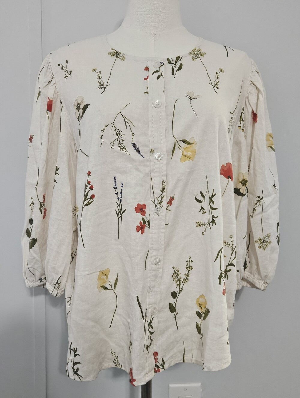 Philosophy Size L Cream Multi-Colored Floral Balloon Sleeve Womens Blouse Shirt